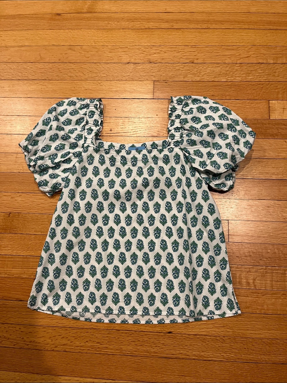 CeCe Cream Top with Teal Floral Print and Puff Sleeves
